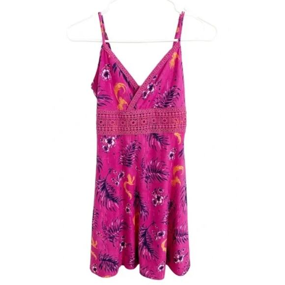 Y2K Mudd V-Neck Crochet Mini Dress Size Medium Hot Pink Purple Tropical - Picture 1 of 8